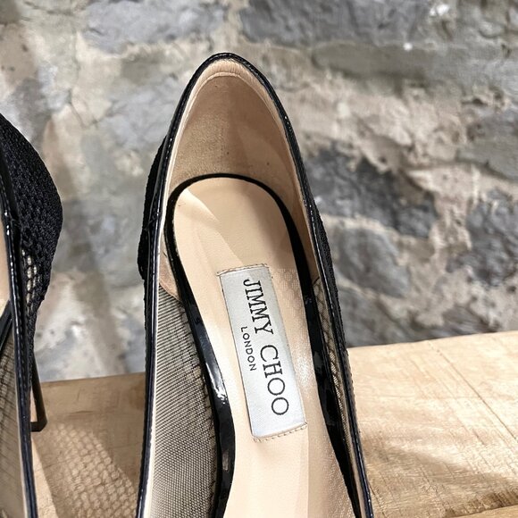 Jimmy Choo Black Patent Romy Mesh 100 Pumps - Picture 4 of 11
